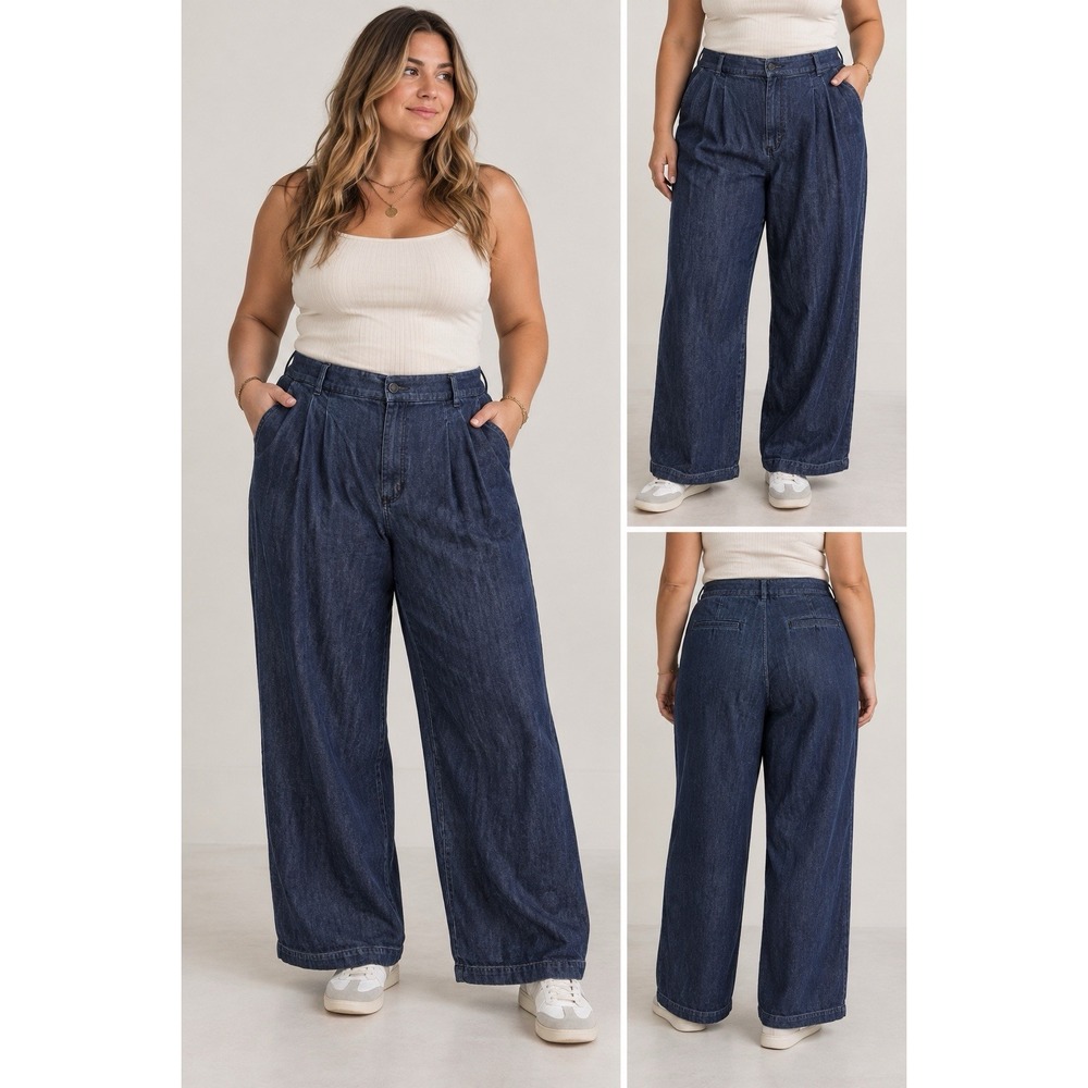 American Eagle Wide Leg Trouser Jeans Dark Wash Pleated Baggy Elastic Women's 16